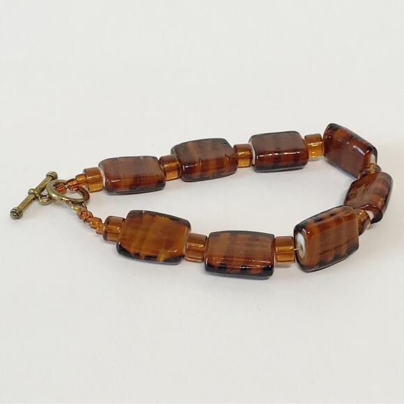 Art Glass Root Beer Tiger Stripe Chunky Cube Rectangle Beaded Anklet Toggle - Picture 2 of 13